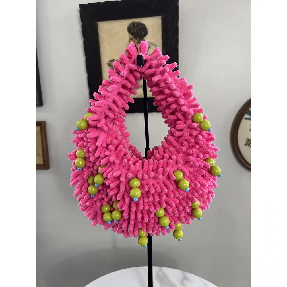 SCULPTURE Pink Chenille Shag Hobo Shoulder Bag Green Beads Y2K Style 91E
